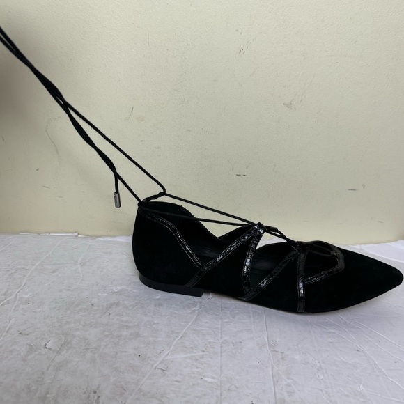 Brian Atwood Sanaa Suede Leather Lace Up Ballet Flats Shoes Pointy Toes Black - Picture 3 of 16